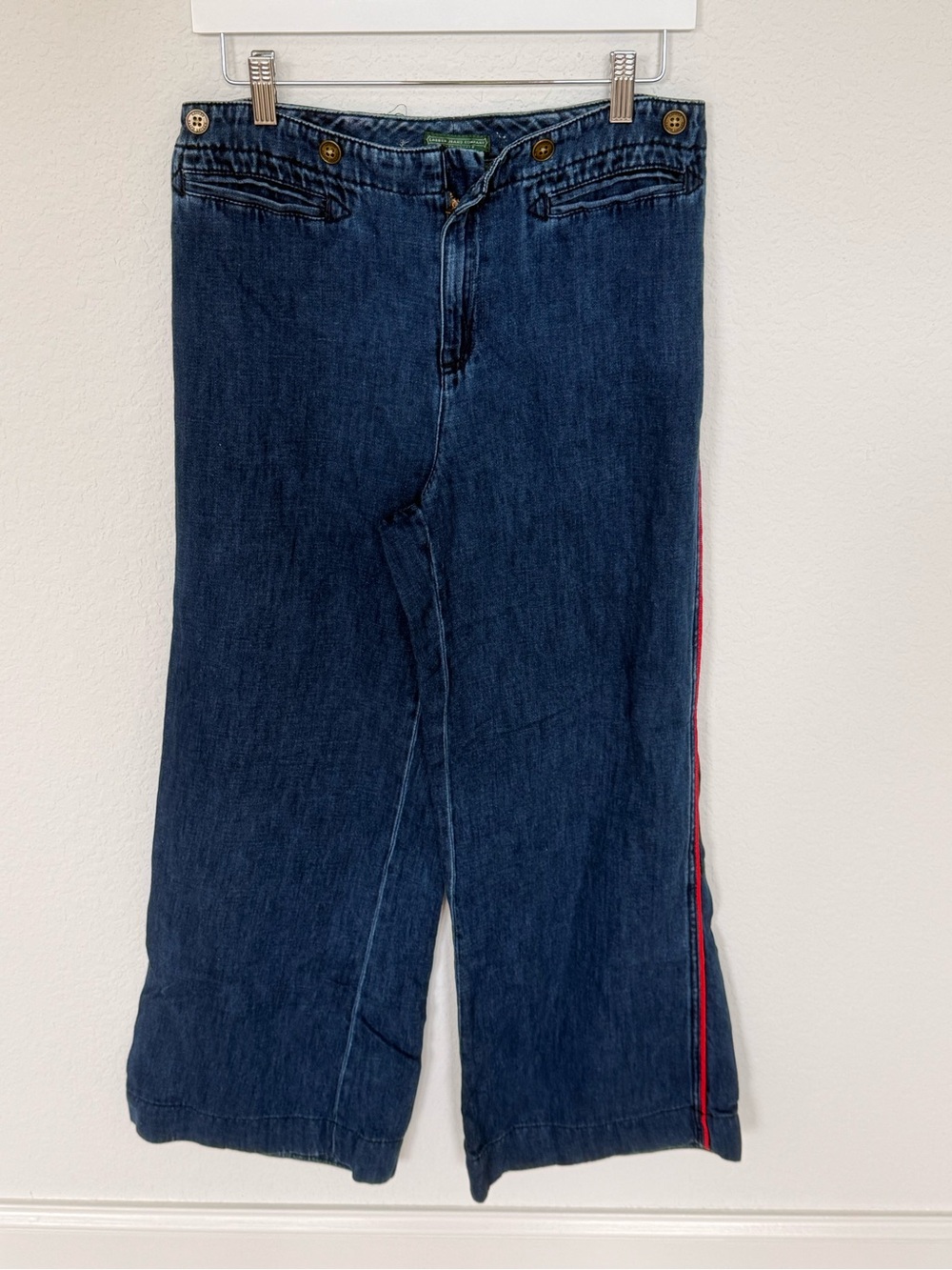 Dark Blue Women’s Wide-Leg Jeans with Red Side Stripe
